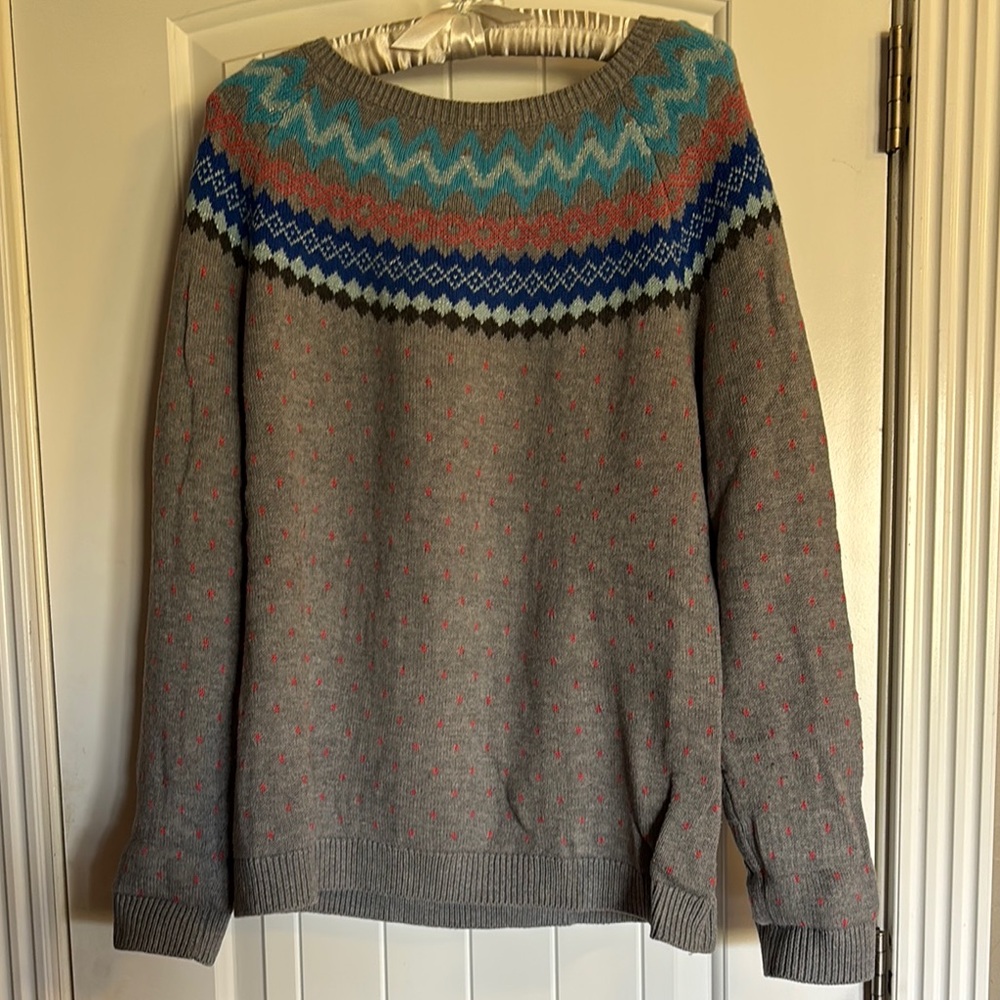 Talbots Gray and Blue Crew Neck Sweater with Fair Isle Pattern